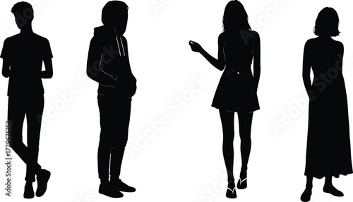 Silhouette of young man and woman standing, casual clothing, relaxed pose, modern lifestyle, fashion, people illustration, youth concept, vector art