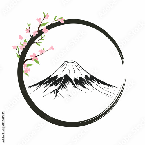 円形フレームと富士山の墨絵風白黒ベクター素材