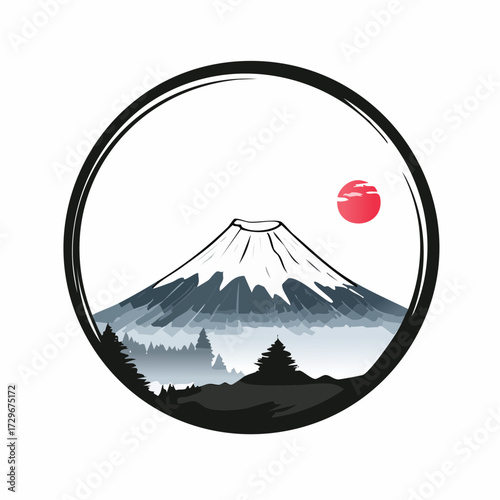 円形フレームと富士山の墨絵風白黒ベクター素材