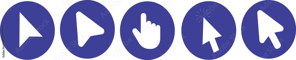 Obraz premium Blue Computer Mouse Cursor Icon Set – Arrow and Hand Pointer Symbols in Circular Buttons for Digital UI and Web Design