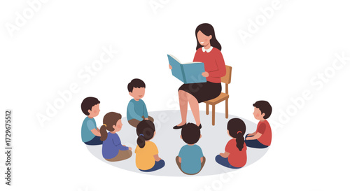 Teacher Reading to Children in a Circle Storytime and Educational Illustration