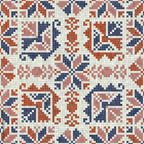 Mosaic tiles seamless pattern composition with traditional Palestinian motif. Editable vector background for print, background, web, wrapping.