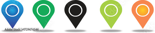 Colorful location map pin icons set in blue, green, black, lime, and orange, modern GPS navigation markers for maps, travel, business, and digital location apps