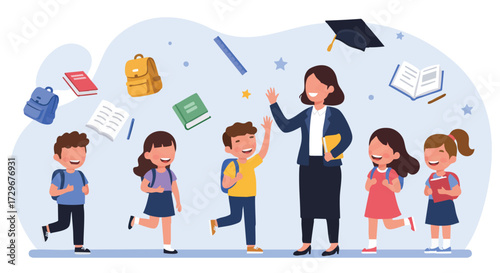 Joyful elementary students with backpacks eagerly greet their smiling female teacher, celebrating the beginning of a new school year