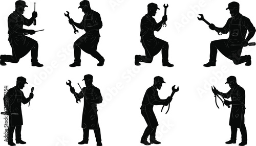 Silhouette workers using wrench and pliers, professional plumber and mechanic repair service, construction maintenance tools, handyman fixing pipeline vector illustration