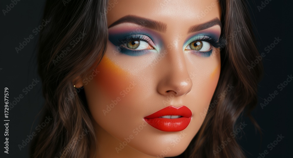 Fototapeta premium Glamorous Portrait Featuring Bold Eye Makeup and Red Lipstick