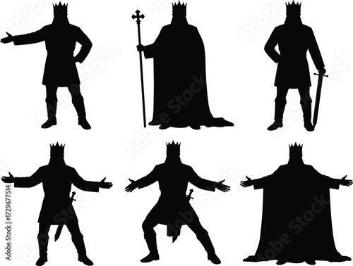 Silhouettes of kings wearing crowns with swords and scepters, royal figures in dramatic poses, monarchy power, medieval ruler illustration isolated