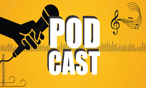 Podcast microphone illustration with sound waves and music notes on yellow background for audio show, radio, talk and streaming