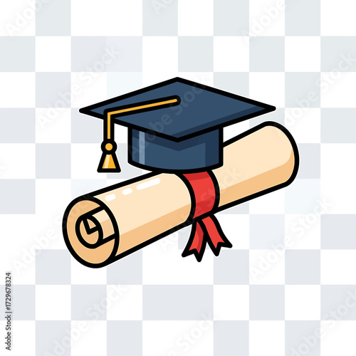 A graduation cap sits atop a rolled-up diploma tied with a red ribbon, symbolizing academic achievement and completion of studies.