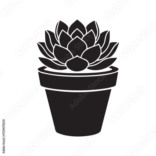 Succulent plant silhouette in a pot. Vector graphic icon of a potted houseplant, Echeveria, isolated on white background. Minimalist black and white botanical illustration for home decor.
