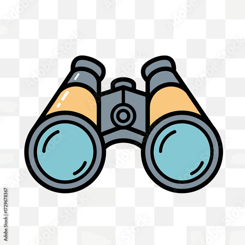 Illustration of binoculars with blue lenses and tan accents.