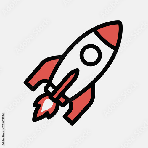 Illustration of a red and white rocket ship with flames, ready for takeoff into space.