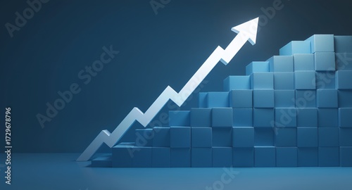 Growth and Progress Concept White Arrow Pointing Up On Blue Blocks