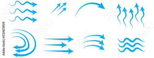 Air flow arrows set. Set of blue arrow showing wind air flow. Vector set of air flow arrows. Blue air flow arrows showing wind circulation and ventilation. Set of blue arrows showing cold air
