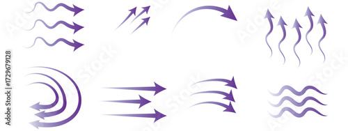 Air flow arrows set. Set of blue arrow showing wind air flow. Vector set of air flow arrows. Blue air flow arrows showing wind circulation and ventilation. Set of blue arrows showing cold air