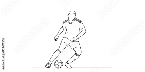 Line art illustration of a soccer player dribbling a football, symbolizing sports training, competition, teamwork, athletic skills, and active lifestyle.