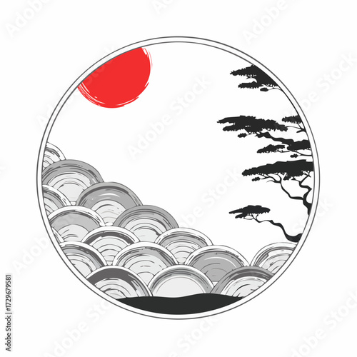 円形フレームと麻の葉文様の墨絵風白黒ベクター素材