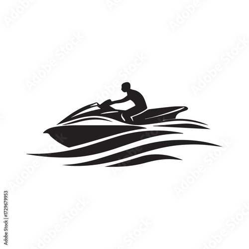 Silhouette of a person riding a jet ski with stylized water waves in a dynamic black and white graphic