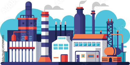Modern Industrial Factory Buildings with Tall Chimneys and Blue Sky Background - Vector Illustration