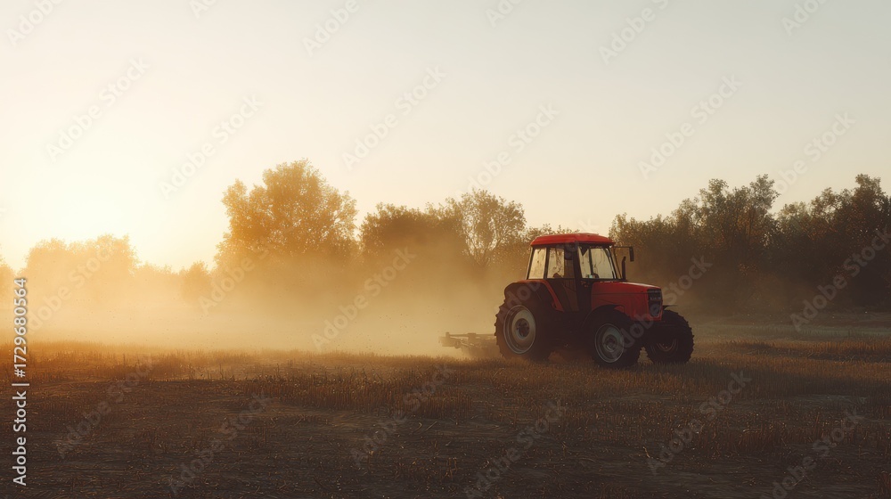 Fototapeta premium Tractor on Farm Field in Misty Morning Light, Rural Farming Equipment, Golden Hour
