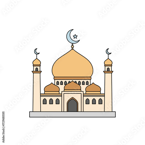 Vector illustration of a mosque, an Islamic place of worship with a dome and minarets, symbolizing faith, peace, and cultural architecture
