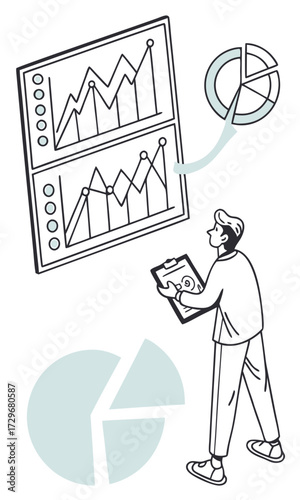 Conceptual line art drawing of a man with a clipboard reviewing business growth reports and financial data visualization charts