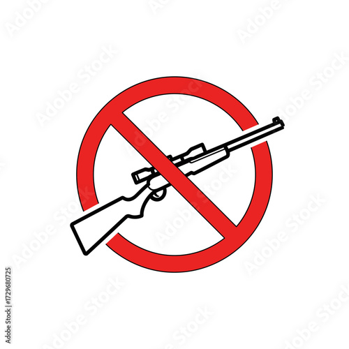 Prohibition sign with a crossed-out rifle icon, symbolizing a ban on firearms and hunting. Concept for gun control, weapon-free zones, and public safety