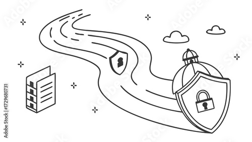 Abstract concept of digital information security and data protection journey, illustrating a secure pathway with shield and lock icons for cybersecurity and privacy