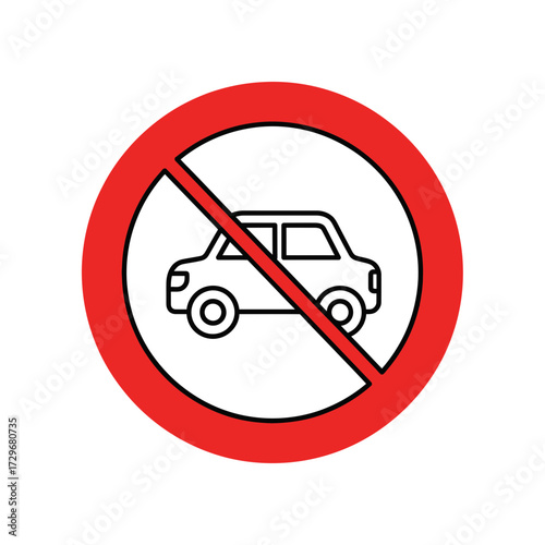 Clear graphic icon depicting a red no car sign, representing vehicle restrictions, traffic bans, and regulatory requirements in urban environments