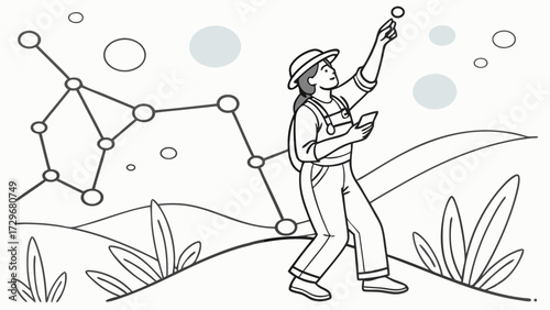 A line art illustration of a young astronomer using a smartphone app to explore and map a celestial constellation in a nighttime landscape