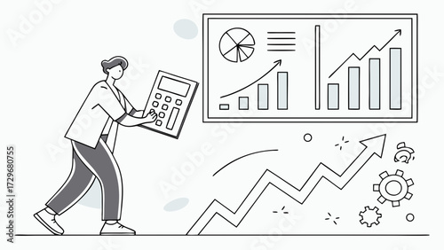 Business accounting and data analysis concept showing a person with a calculator evaluating financial performance and market growth on charts and graphs