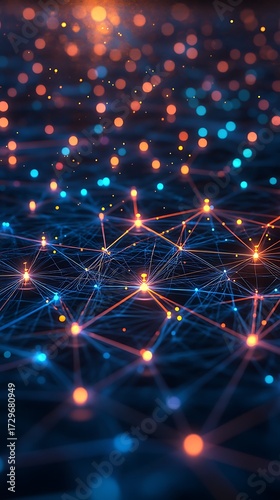 Abstract machine learning algorithm visualization with neural network connections and glowing orbs
