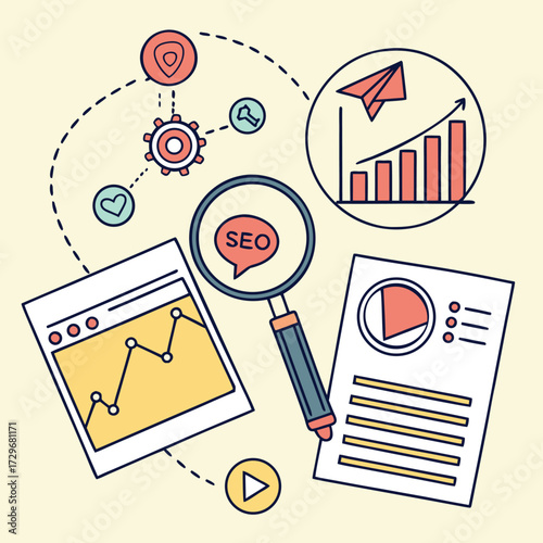 SEO analysis and digital marketing strategy concept with charts and icons search engine optimization