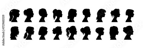 Set of diversity women and men silhouette portraits. Female and male head, face profile, vignette. Hand drawn illustration for invitation, postcard. Portraits of people with a hairstyle. Vector.