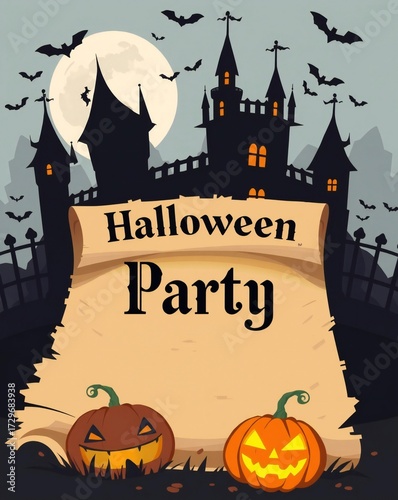 Spooky halloween party invitation with castle and pumpkins
