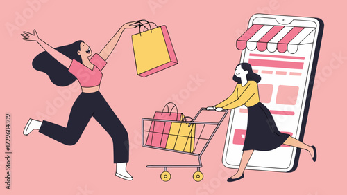 Online Shopping Concept with Mobile Phone and Happy Shoppers . E-commerce and Digital Marketing Illustration with People Shopping Online . digital marketing banner vector. Shopping banner vector 