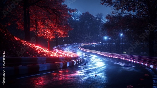Night road, autumn, rain, curve, lights, speed, nature, background