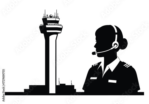 Air Traffic Controller Silhouette with Control Tower Headset Illustration