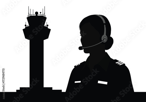 Air Traffic Controller Silhouette with Control Tower Headset Illustration