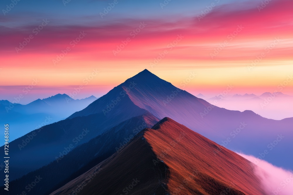 Fototapeta premium Mountain ridgelines revealing layering peaks and a dramatic sky with gradients of pink, orange, and blue colors at dusk