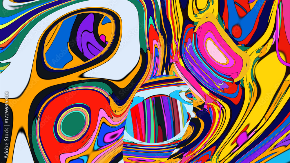 Fototapeta premium Funky liquid shapes pattern - colorful abstract organic forms on blue background. Retro groovy blobs, flowing curves, psychedelic design elements. Lava lamp style ornament, 70s aesthetic decorations.