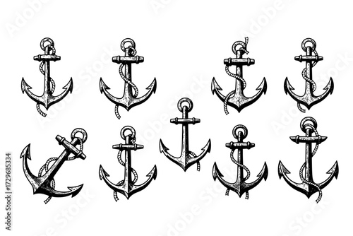 Set of Anchors Clip-Art Collection: Vector Illustration of Classic Retro Nautical Anchor in Engraving Technique, Marine, Sailing, Sea.
