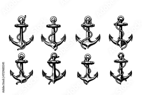 Set of Anchors Clip-Art Collection: Vector Illustration of Classic Retro Nautical Anchor in Engraving Technique, Marine, Sailing, Sea.