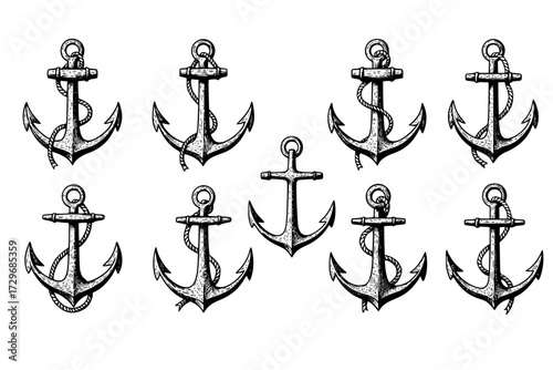 Set of Anchors Clip-Art Collection: Vector Illustration of Classic Retro Nautical Anchor in Engraving Technique, Marine, Sailing, Sea.