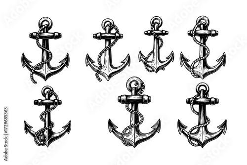 Set of Anchors Clip-Art Collection: Vector Illustration of Classic Retro Nautical Anchor in Engraving Technique, Marine, Sailing, Sea.