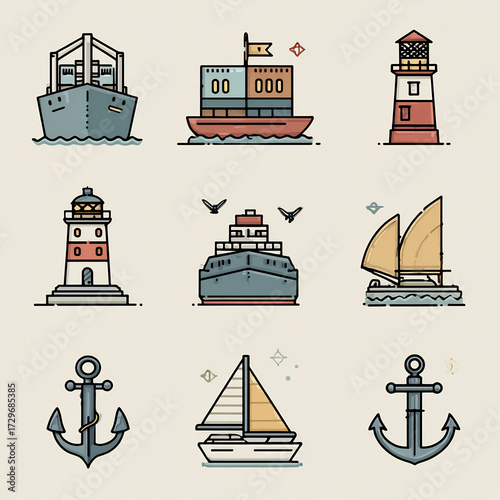 Flat Design Vector Icons of Marine and Nautical Elements Including Ships, Lighthouses, Sailboats, and Anchors