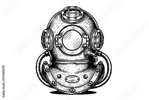 Set of Vintage Diving Helmet:  Hand-Drawn Vector Engraving Illustration of "Mark V" Helmet, Isolated on White, Nautical, Retro.