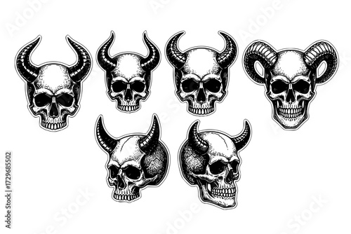 Devil Skull: Vector Engraving Illustration, Human Skull with Twisted Horns, Gothic, Demonic, Occult, Evil, Macabre, Halloween.