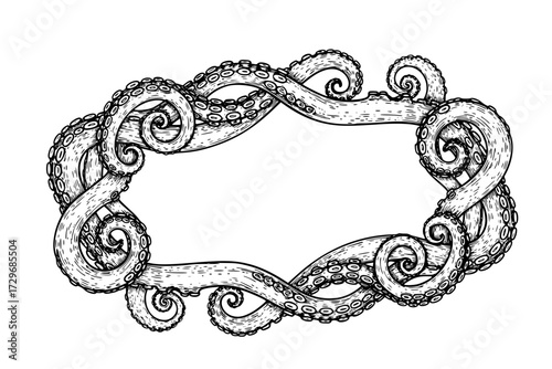 Octopus Tentacles Label Frame Design: Hand-Drawn Vector Engraving Illustration, Isolated on White, Sea, Ocean, Marine Life.
