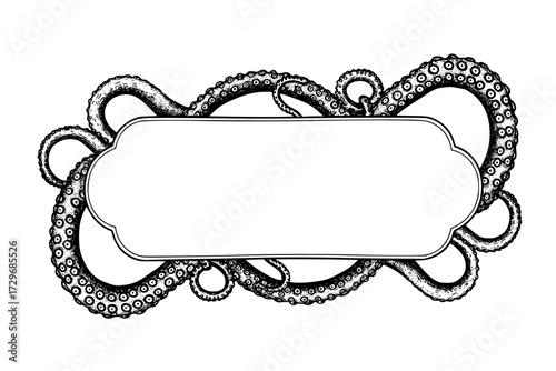 Octopus Tentacles Label Frame Design: Hand-Drawn Vector Engraving Illustration, Isolated on White, Sea, Ocean, Marine Life.
